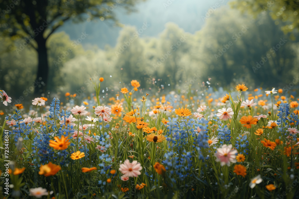 A garden with wildflowers, where the natural and untamed growth creates a unique beauty. Concept of natural disorder and the allure of wildness. Generative Ai.