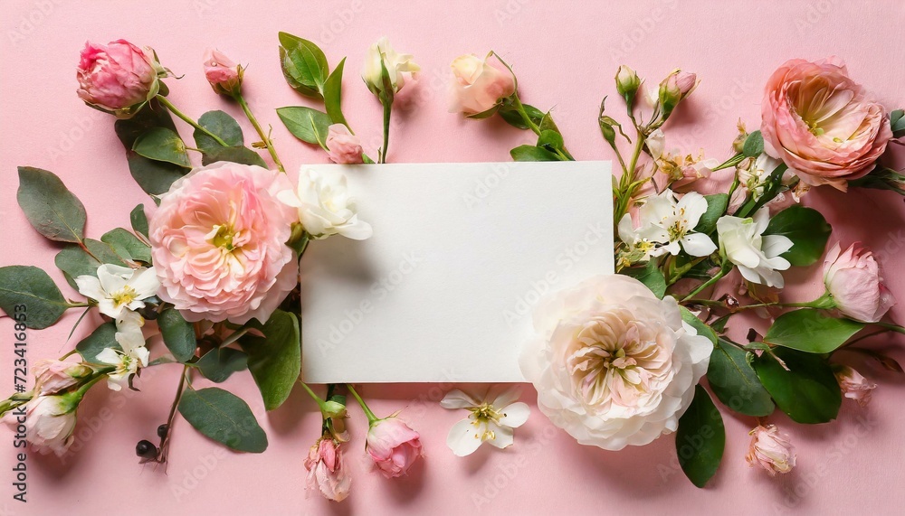 Composition with blank card and delicate flowers on pink background