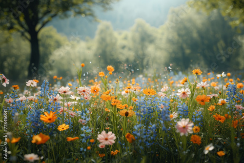 A garden with wildflowers, where the natural and untamed growth creates a unique beauty. Concept of natural disorder and the allure of wildness. Generative Ai.