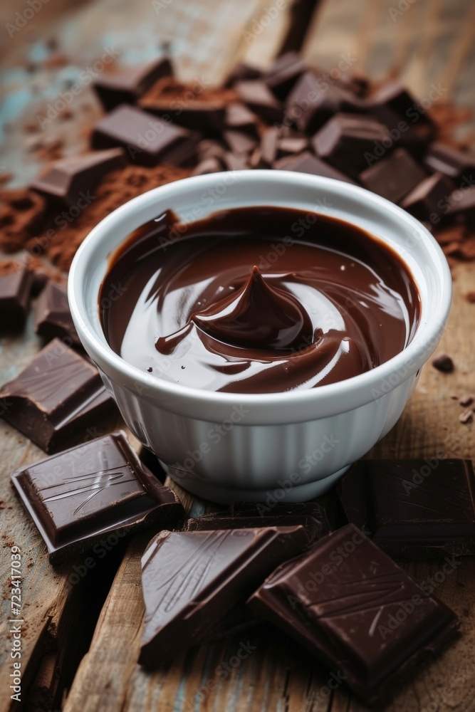 small white bowl of melted chocolate, surrounded by pieces of chocolate, small white bowl of melted chocolate, surrounded by pieces of chocolate,