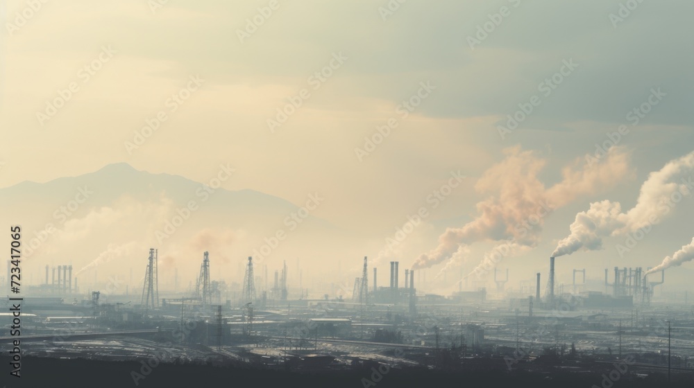 A mesmerizing view of the industrial district, with smog and haze dominating the scene, reflecting the harsh realities of manufacturing.