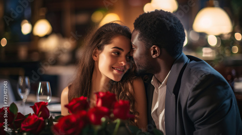 mixed race couple in a restaurant with flowers 