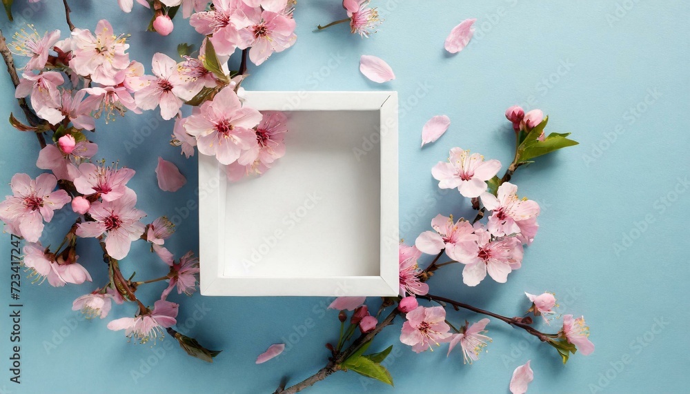 Minimal nature concept. Layout of pink sakura flowers and white box on blue background. Top view and flat lay of floral composition with copy space. - obrazy, fototapety, plakaty 