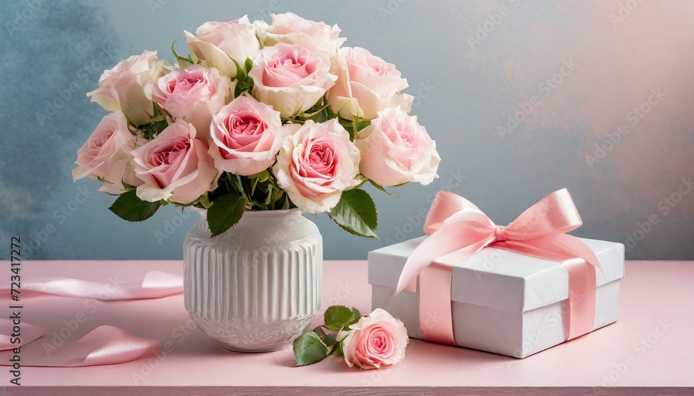 Beautiful bouquet flowers pink roses in vase and gift box with satin bow on pastel pink background table. Birthday, Wedding, Mother's Day, Valentine's day, Women's Day. Front view Beautiful bouquet flowers pink roses in vase and gift box with satin bow on pastel pink background table. Birthday, Wedding, Mother's Day, Valentine's day, Women's Day. Front view