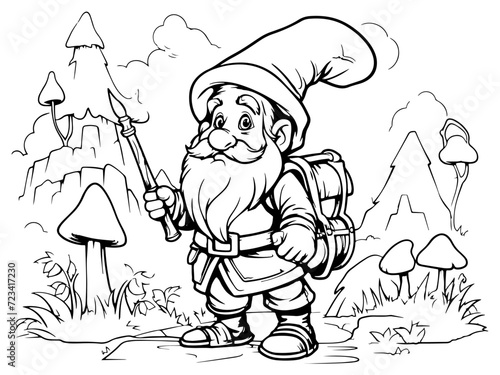 Children coloring book gnome in the forest. Vector generative ai, black lines, white.