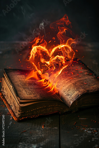 fire in the shape of a heart on the pages of a book