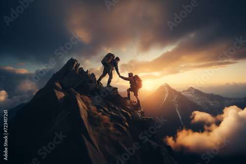 Photo Alpinista ayuda a su compañero de equipo a escalar la cima