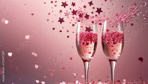 Two champagne glasses with splash of pink stars shaped confetti over pink background. Overhead view, copy space. Valentine's Day concept.