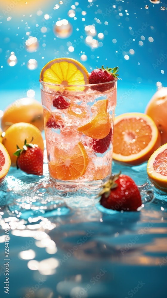 Quenching summer thirst: vibrant fruity drinks on ice, a refreshing blend of citrus, tropical flavors, and coolness for a perfect summer chill-out, deliciously tempting and visually appealing. Quenching summer thirst: vibrant fruity drinks on ice, a refreshing blend of citrus, tropical flavors, and coolness for a perfect summer chill-out, deliciously tempting and visually appealing.