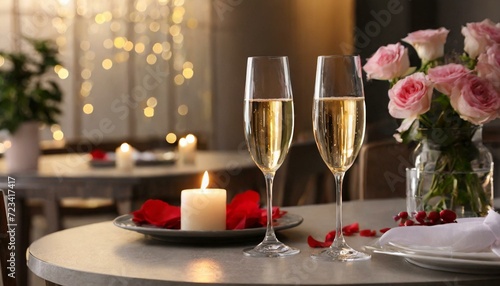 Glasses of champagne on table in restaurant  space for text. Romantic dinner