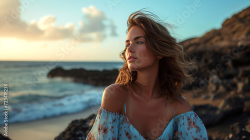 a woman on the beach looking ahead