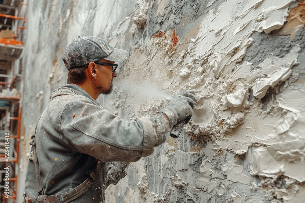 A blue-collar worker in a hard hat carefully sprays white powder onto a building, a symbol of the determination and dedication required in construction work