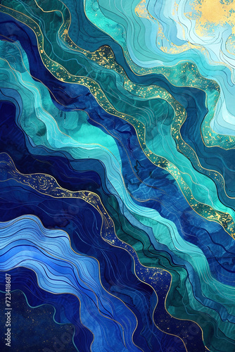 Symmetrical stylistic textured ocean waves in shades of blue, green and gold as background.