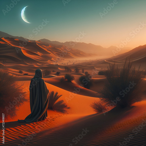 Vast Expanse Arid Desert Sand Dunes Tranquility Landscape with a Person with a Hood & Long Robe with their Back to the Camera in the Sunset Evening with a Shrub with Crescent Moon. Ripples from Wind