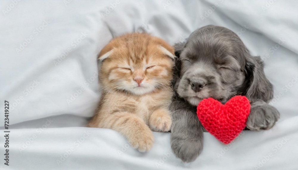 Tiny kitten and cozy English Cocker spaniel puppy sleep together under white warm blanket on a bed at home with red heart. Top down view. Empty space for text Tiny kitten and cozy English Cocker spaniel puppy sleep together under white warm blanket on a bed at home with red heart. Top down view. Empty space for text