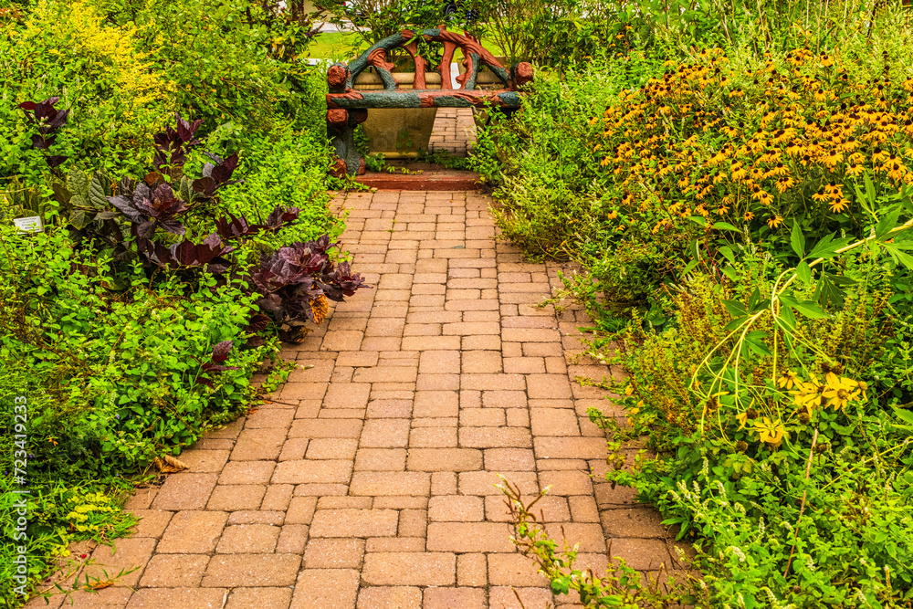Brick walking path at Flowering Bridge Garden, Lake Lure North Carolina