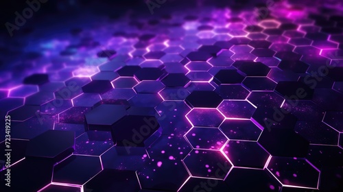 Wallpaper, abstract background, the purple hexagon background on a black background with light particles flying through them, in the style of neon grids, repetitive shapes