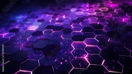 Wallpaper  abstract background  the purple hexagon background on a black background with light particles flying through them  in the style of neon grids  repetitive shapes