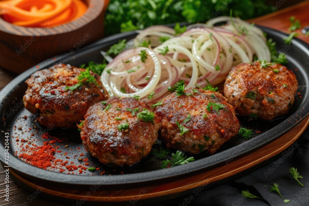 A mouthwatering plate of meatballs and onions, perfectly seasoned and served with a side of crispy fried broccoli, showcasing the delicious versatility of meat as a main ingredient in various cuisine A mouthwatering plate of meatballs and onions, perfectly seasoned and served with a side of crispy fried broccoli, showcasing the delicious versatility of meat as a main ingredient in various cuisine
