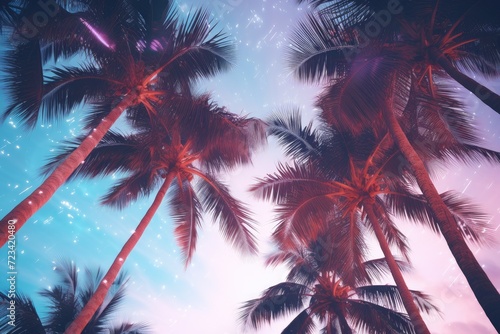 Palms silhouettes at neon sunset sky. Night landscape with palm trees on beach. Creative trendy summer tropical background. Vacation travel concept. Retro, synthwave, retrowave style. Rave party © ratatosk