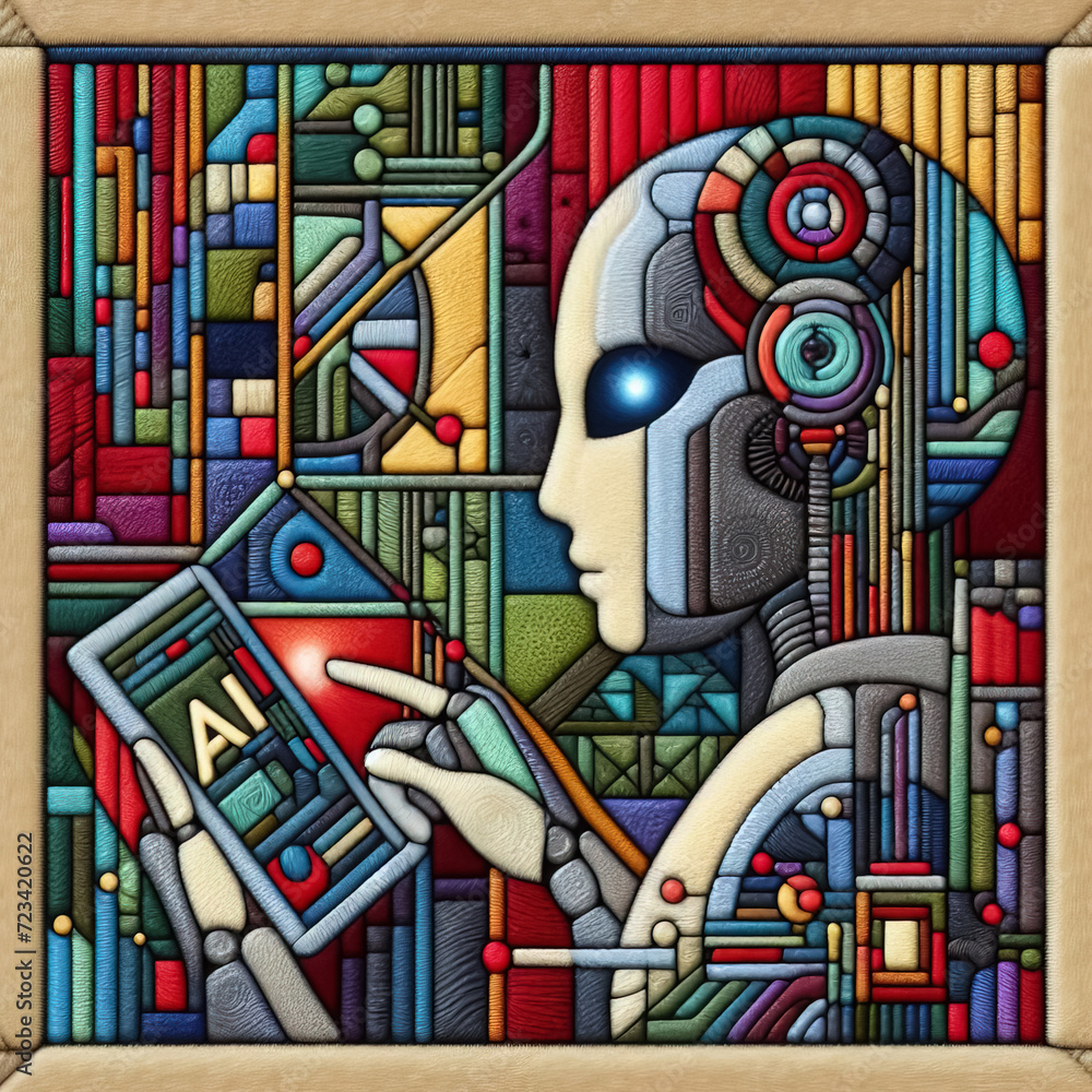 felt art patchwork, AI cyborg machine learning and artificial intelligence concept felt art patchwork, AI cyborg machine learning and artificial intelligence concept