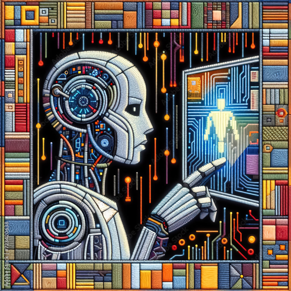 Obraz premium felt art patchwork, AI cyborg machine learning and artificial intelligence concept