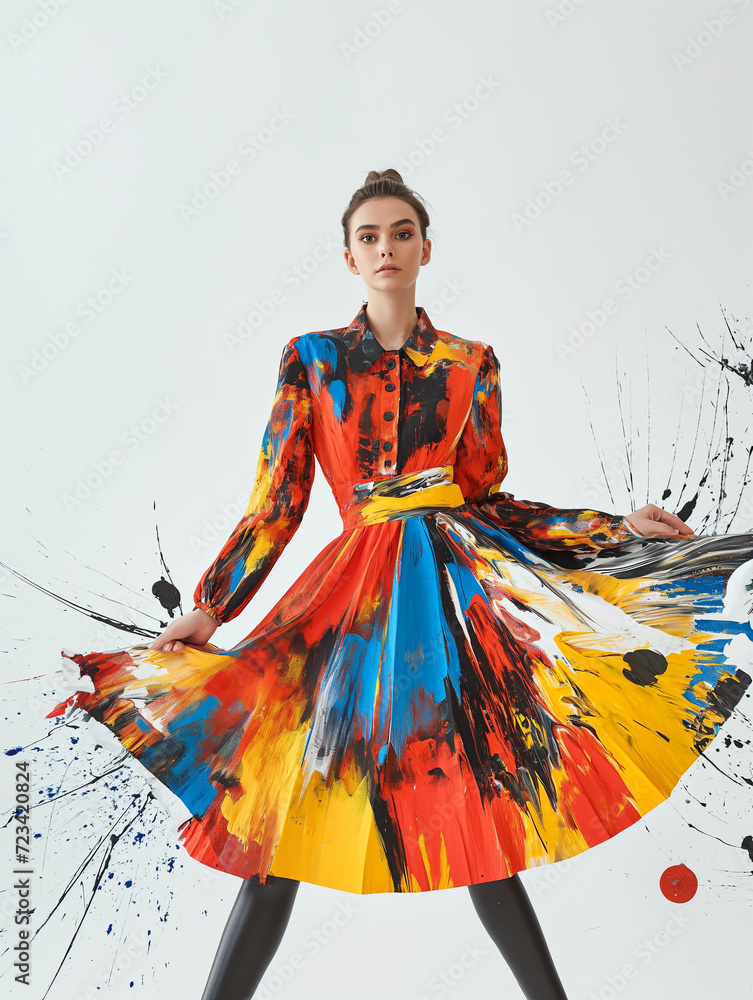 A female fashion model wearing a dress painted abstractly made with spatula