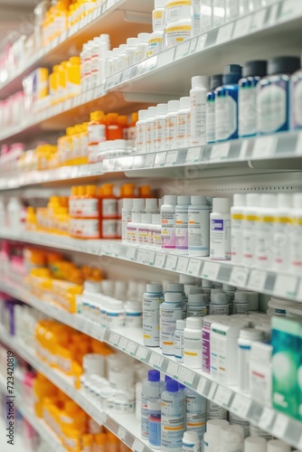 A pharmacy shelves displaying a diverse range of pharmaceuticals for various health needs