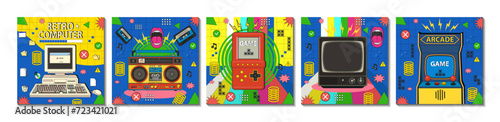 Retro posters with an old cassette player, portable game console, old Retro TV, arcade game machine, old computer and keyboard. Boombox of 90s style. Front face. Cartoon style. Linear style.