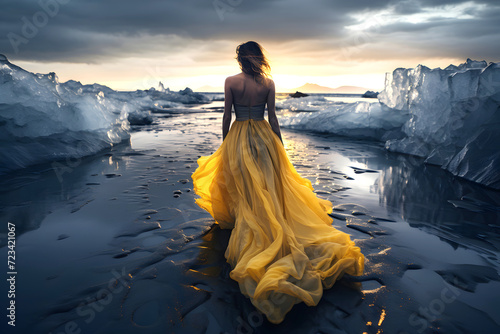 beautiful woman in a lush dress on the shore of Iceland