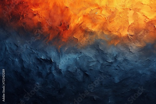 Abstract art focusing on grainy gradients. A canvas where fine, sand-like grains blend through a spectrum of colors, from deep blues to vibrant oranges, mimicking the transition from night to day. photo