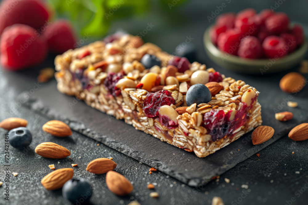 A homemade fruit and nut bar, serving as a natural and energy-boosting snack. Concept of whole food-based and additive-free snacking. Generative Ai. A homemade fruit and nut bar, serving as a natural and energy-boosting snack. Concept of whole food-based and additive-free snacking. Generative Ai.