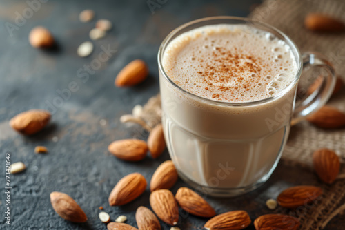 Almond milk as a dairy-free alternative in coffee and cereal. Concept of plant-based options in daily food choices. Generative Ai.