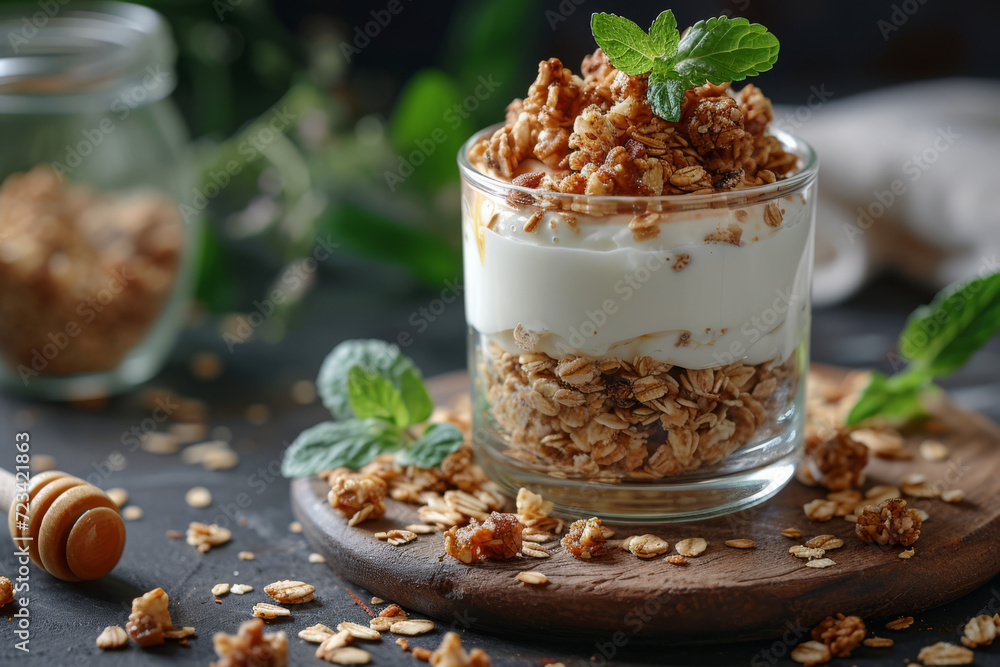 Greek yogurt parfait with honey and granola, a calcium-rich and probiotic meal option. Concept of balanced and wholesome breakfasts. Generative Ai. Greek yogurt parfait with honey and granola, a calcium-rich and probiotic meal option. Concept of balanced and wholesome breakfasts. Generative Ai.