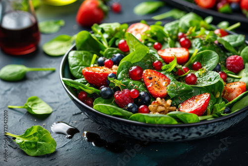 A spinach and berry salad with a vinaigrette, a high-antioxidant and vitamin-rich meal. Concept of fresh and healthful salad options. Generative Ai.