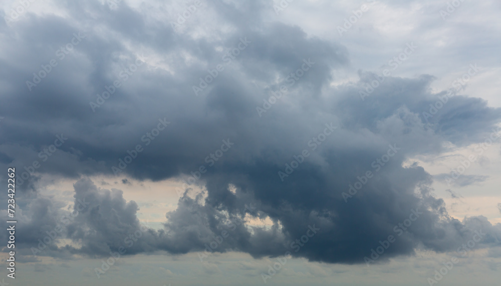 View of grey cloudy summer sky before rain. Nature background..