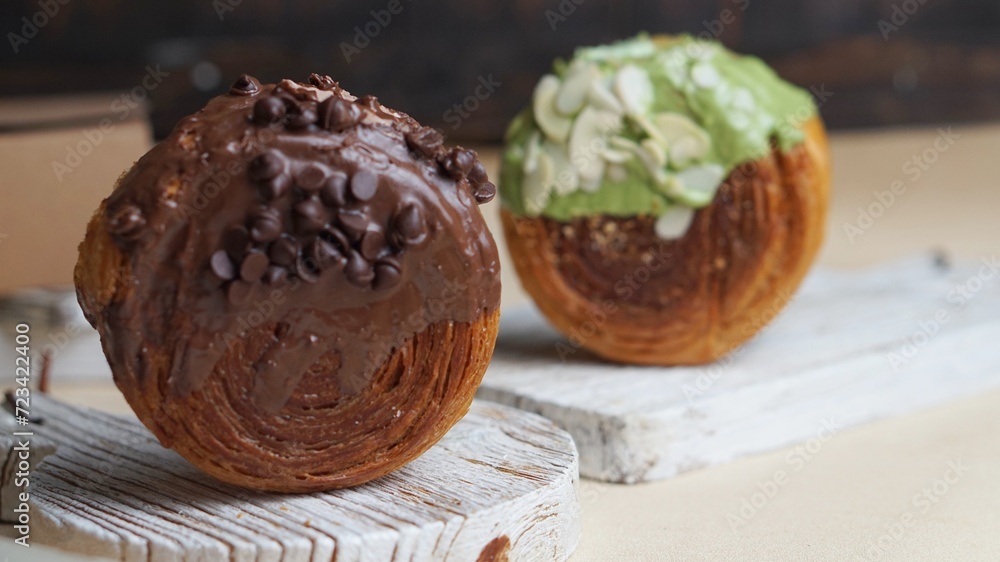 Selective focus Cromboloni is a Croissant Bomboloni bread Selective focus Cromboloni is a Croissant Bomboloni bread