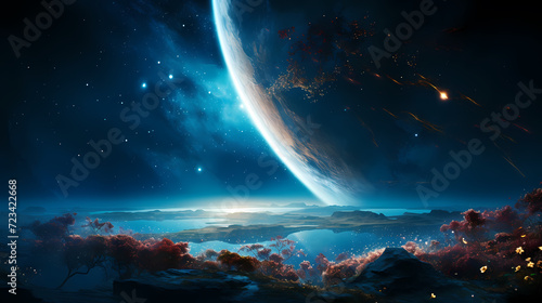 Blue space background with earth planet satellite view