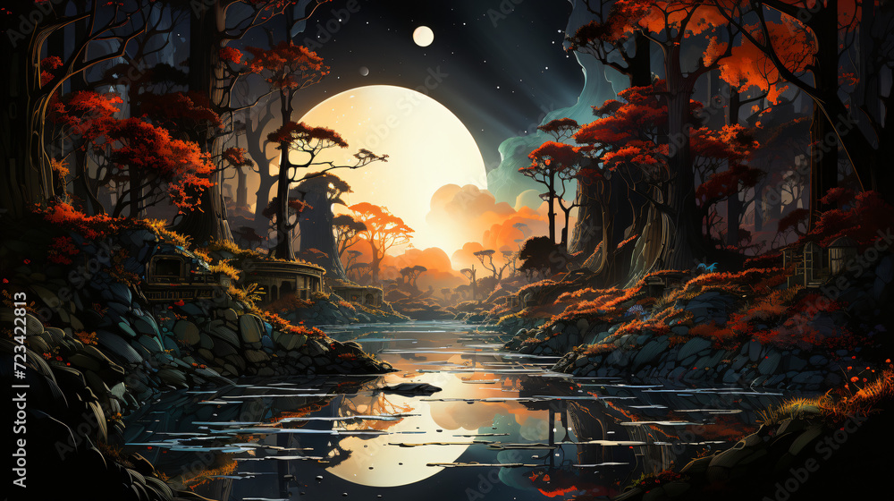 fantasy landscape with moon and clouds
