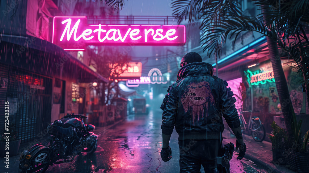 Man walks down street in cyberpunk city with sign Metaverse, scenery of dark urban grungy alley with neon light in rain. Concept of future, virtual reality, game, futuristic anime