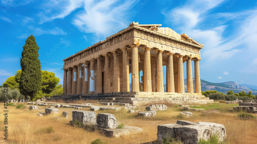 Ancient temple in summer in Greece, classical Greek ruins on blue sky background, landscape with old building and stones. Theme of past civilization, travel, history and culture