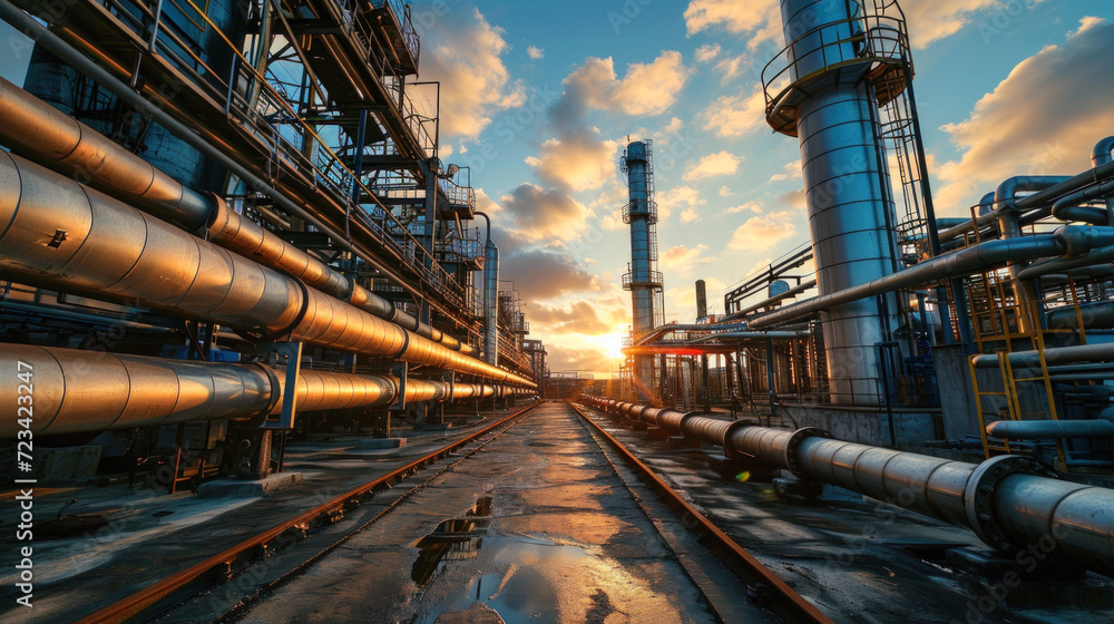 Pipeline of refinery plant at sunset, natural gas and oil pipes of factory in petrochemical industry. Perspective of tube lines and industrial building. Concept of energy, power, crude Pipeline of refinery plant at sunset, natural gas and oil pipes of factory in petrochemical industry. Perspective of tube lines and industrial building. Concept of energy, power, crude