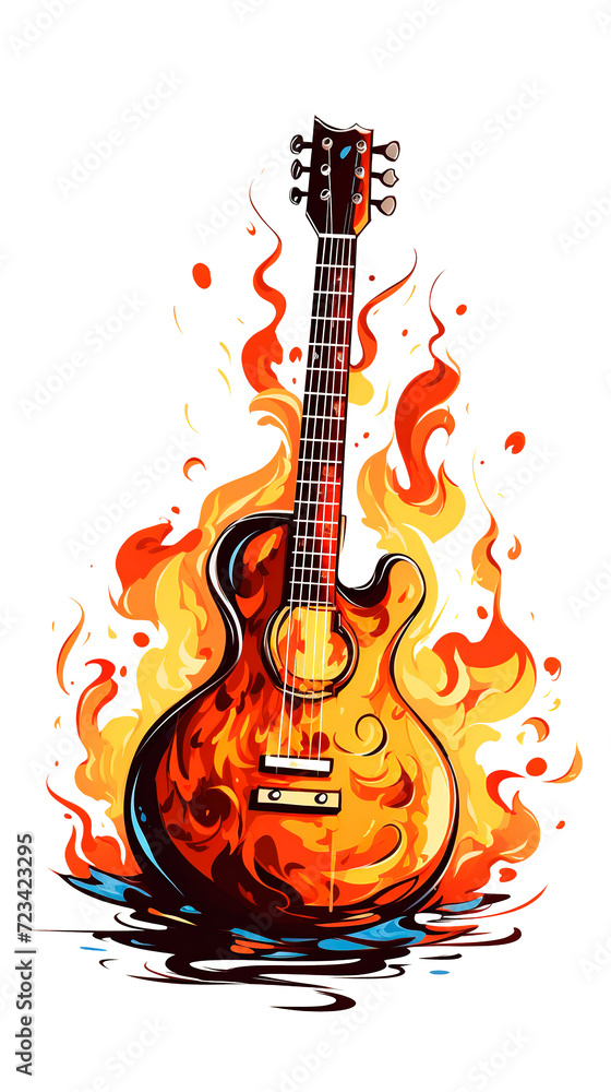 Guitar on fire, isolated on white background