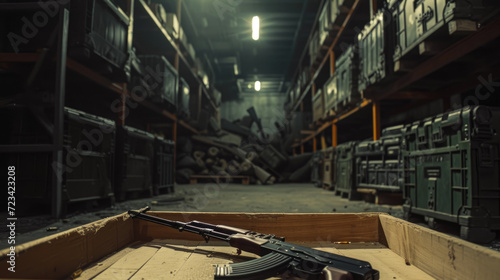Warehouse with weapon and army equipment, assault rifle is in wooden box in dark storage. Illegal smuggle arsenal of guns. Concept of war, military, background, violence, package photo