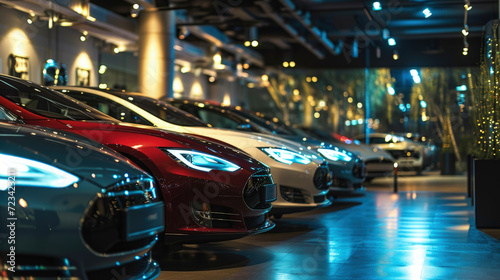 Luxury new cars in dealership salesroom, modern shiny vehicles for sale in showroom. Night reflections and lights background. Concept of shop, store, retail, rent, lease © scaliger