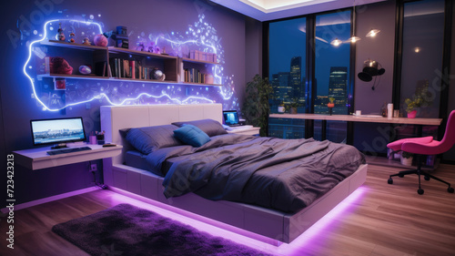 Modern room for teenager at night, interior with purple and blue neon led light. Luxury home design teenage bedroom with glowing lines. Concept of teen, child, apartment, technology. photo