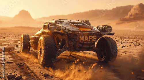 Mars rover drives on desert, futuristic vintage car moves on Martian surface, racing vehicle on road of sandy planet. Concept of technology, mission, science, future © scaliger