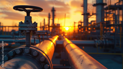 Pipeline of refinery plant and valve at sunset, perspective view of gas or oil pipes of petrochemical factory. Scenery of tube lines, sun and sky. Concept of energy, industry, power