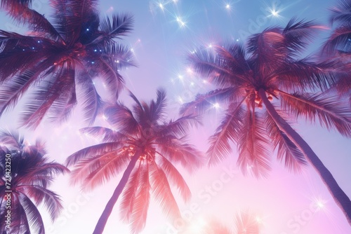 Palms silhouettes at neon sunset sky. Night landscape with palm trees on beach. Creative trendy summer tropical background. Vacation travel concept. Retro, synthwave, retrowave style. Rave party © ratatosk