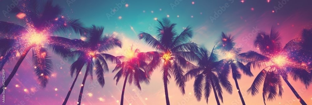 Palms silhouettes at neon sunset sky. Night landscape with palm trees on beach. Creative trendy summer tropical background. Vacation travel concept. Retro, synthwave, retrowave style. Rave party - obrazy, fototapety, plakaty 